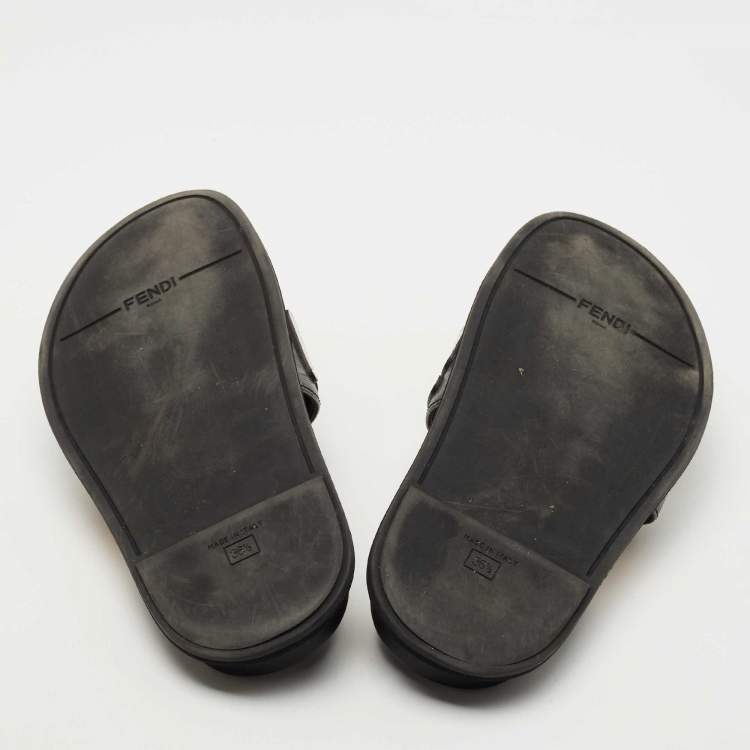 Pre Owned Fendi Black Leather Roma Slide Flats Size 36.5