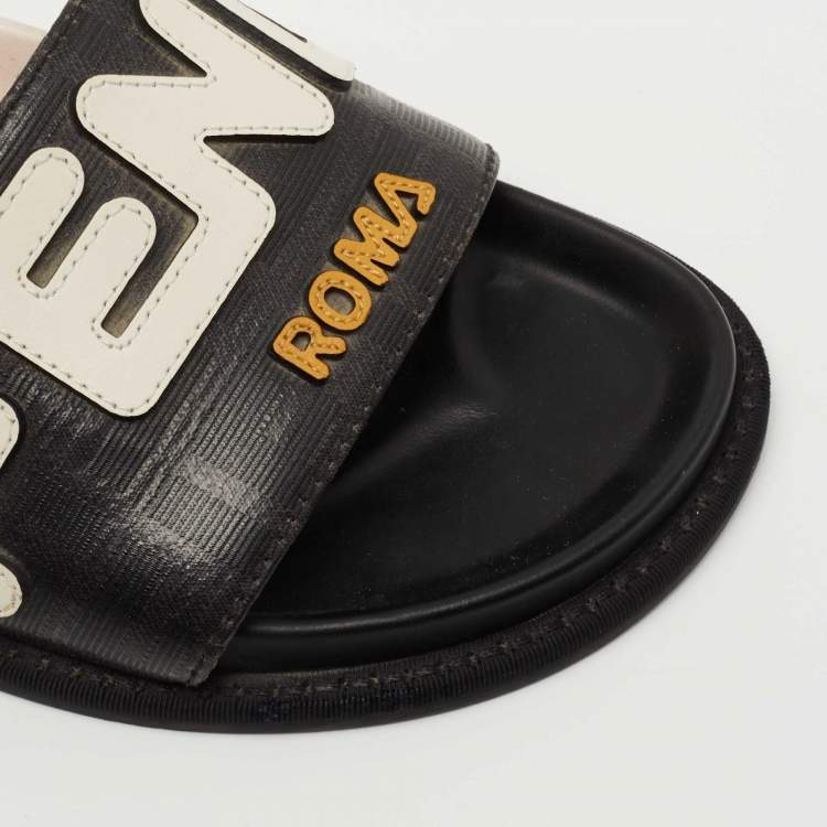 Pre Owned Fendi Black Leather Roma Slide Flats Size 36.5