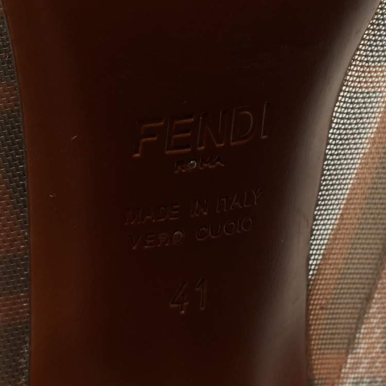 Pre Owned Fendi Brown/Grey Mesh And Leather  FF Logo Printed Colibri Pointed Toe Pumps Size 41