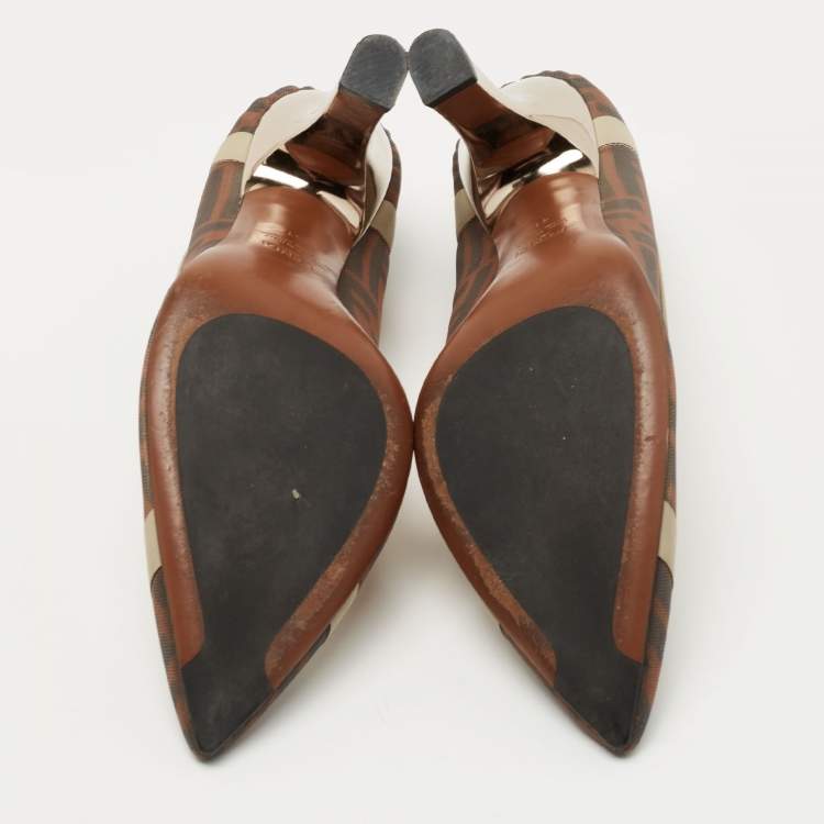 Pre Owned Fendi Brown/Grey Mesh And Leather  FF Logo Printed Colibri Pointed Toe Pumps Size 41