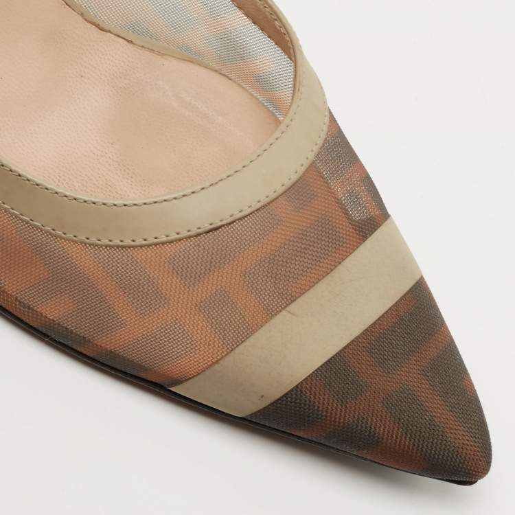 Pre Owned Fendi Brown/Grey Mesh And Leather  FF Logo Printed Colibri Pointed Toe Pumps Size 41