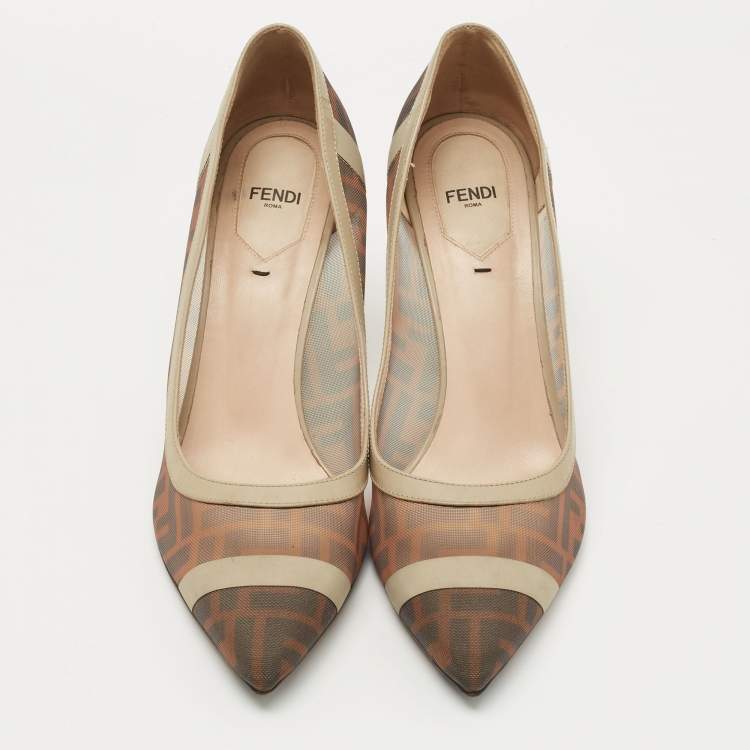 Pre Owned Fendi Brown/Grey Mesh And Leather  FF Logo Printed Colibri Pointed Toe Pumps Size 41