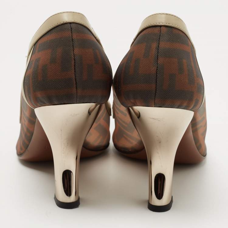 Pre Owned Fendi Brown/Grey Mesh And Leather  FF Logo Printed Colibri Pointed Toe Pumps Size 41