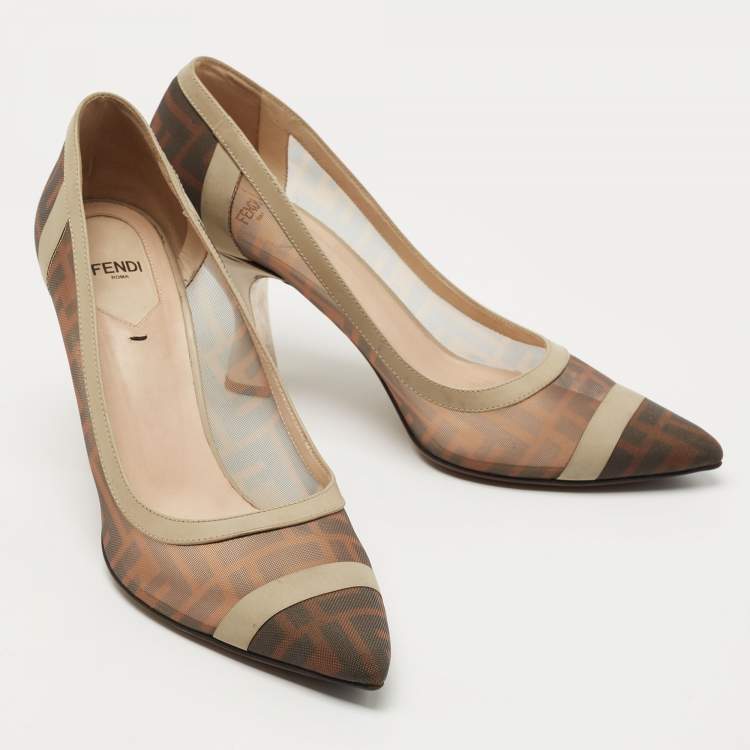 Pre Owned Fendi Brown/Grey Mesh And Leather  FF Logo Printed Colibri Pointed Toe Pumps Size 41