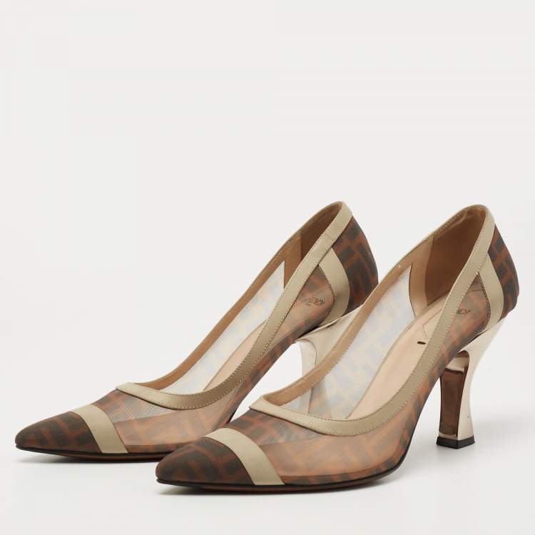 Pre Owned Fendi Brown/Grey Mesh And Leather  FF Logo Printed Colibri Pointed Toe Pumps Size 41
