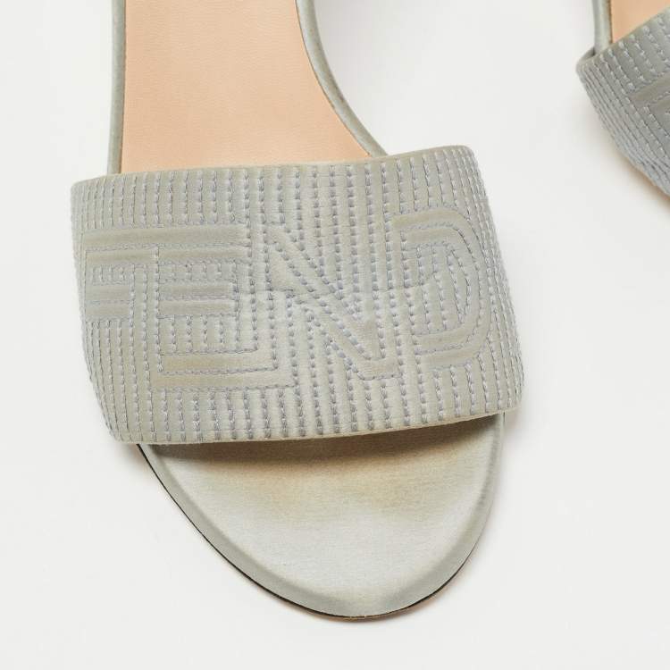Pre Owned Fendi Grey Satin Logo Embroidered Block Heel Slides Sandals Size 41