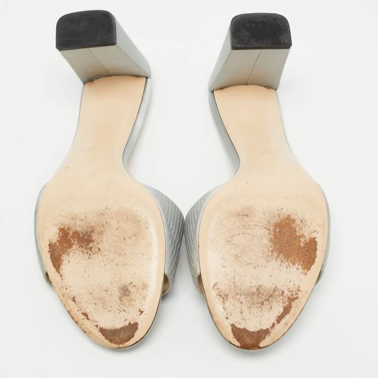 Pre Owned Fendi Grey Satin Logo Embroidered Block Heel Slides Sandals Size 41