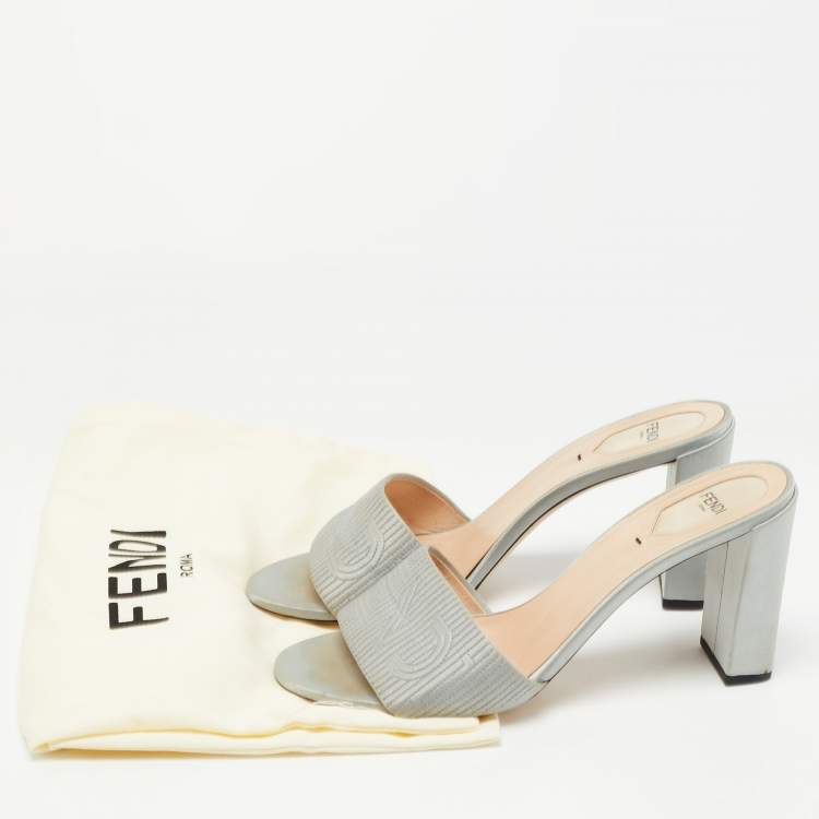 Pre Owned Fendi Grey Satin Logo Embroidered Block Heel Slides Sandals Size 41