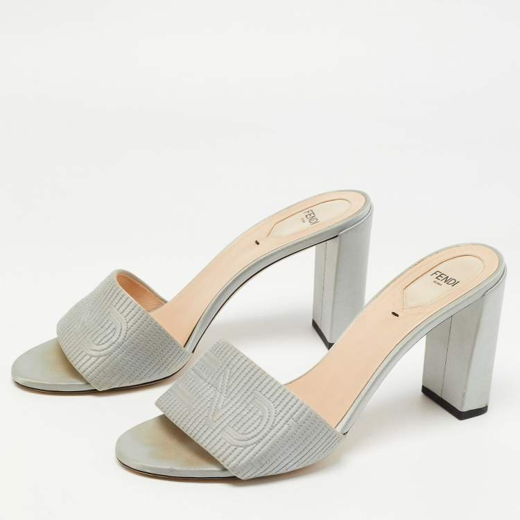 Pre Owned Fendi Grey Satin Logo Embroidered Block Heel Slides Sandals Size 41