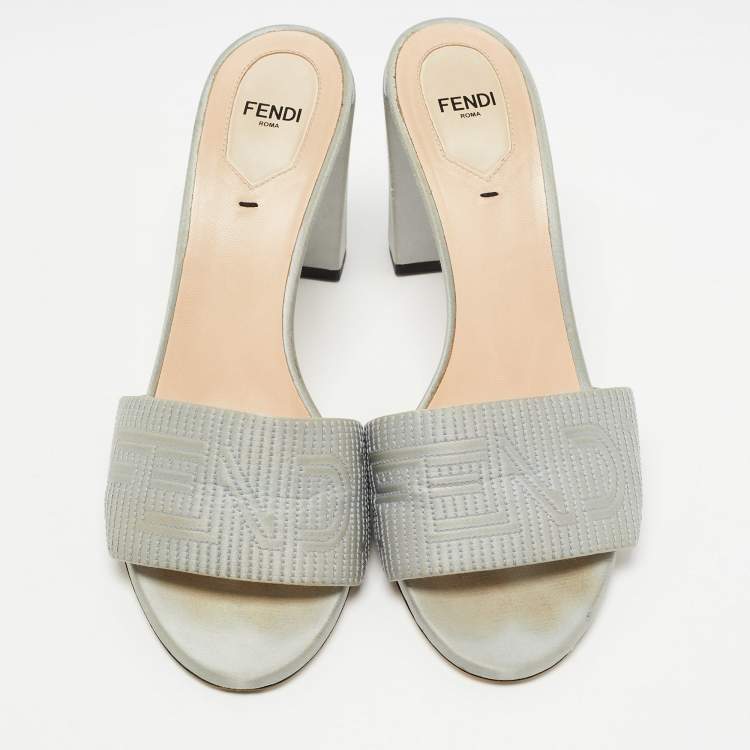Pre Owned Fendi Grey Satin Logo Embroidered Block Heel Slides Sandals Size 41
