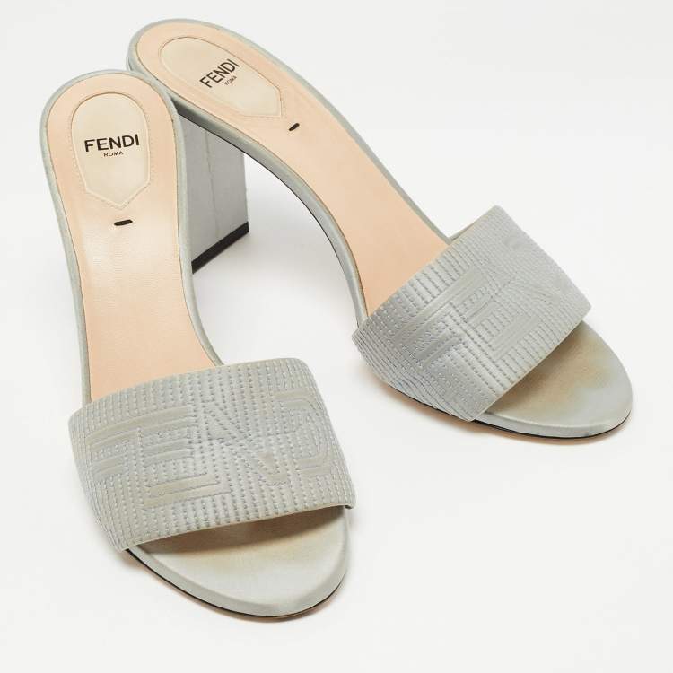 Pre Owned Fendi Grey Satin Logo Embroidered Block Heel Slides Sandals Size 41