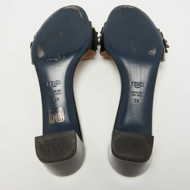 Pre Owned Fendi Black Patent Leather Studded Accents Slides Size 39
