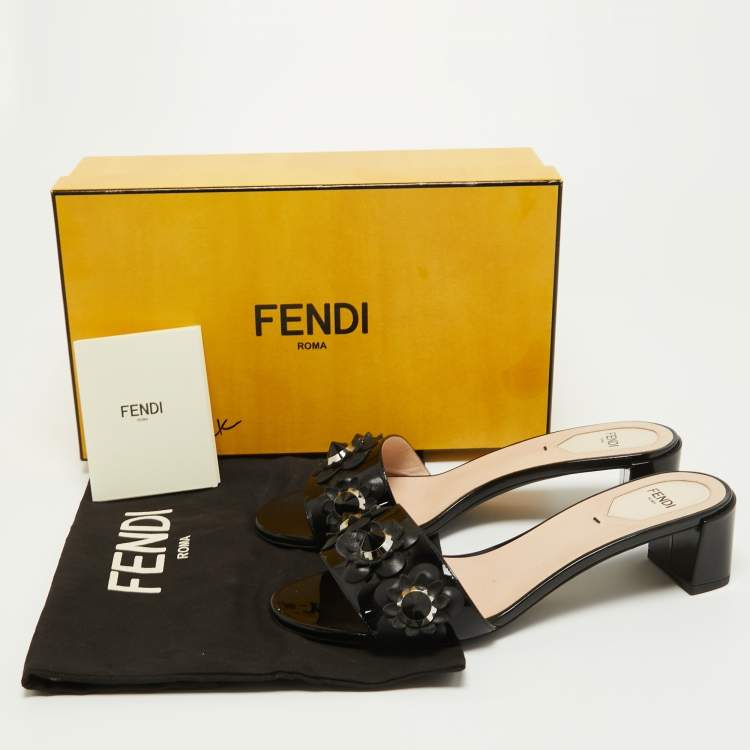 Pre Owned Fendi Black Patent Leather Studded Accents Slides Size 39