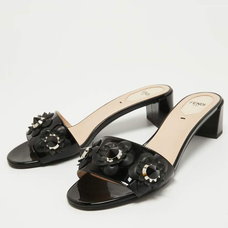 Pre Owned Fendi Black Patent Leather Studded Accents Slides Size 39