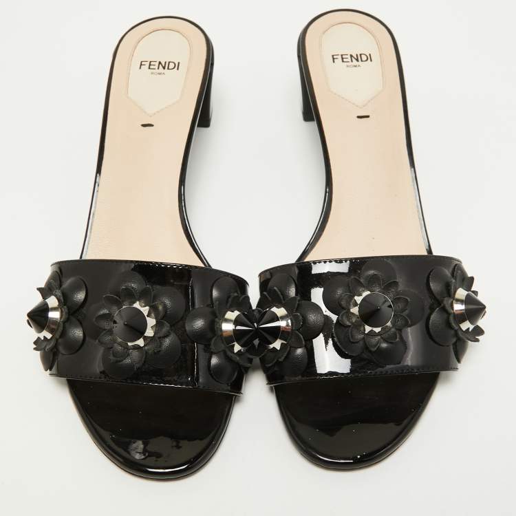 Pre Owned Fendi Black Patent Leather Studded Accents Slides Size 39