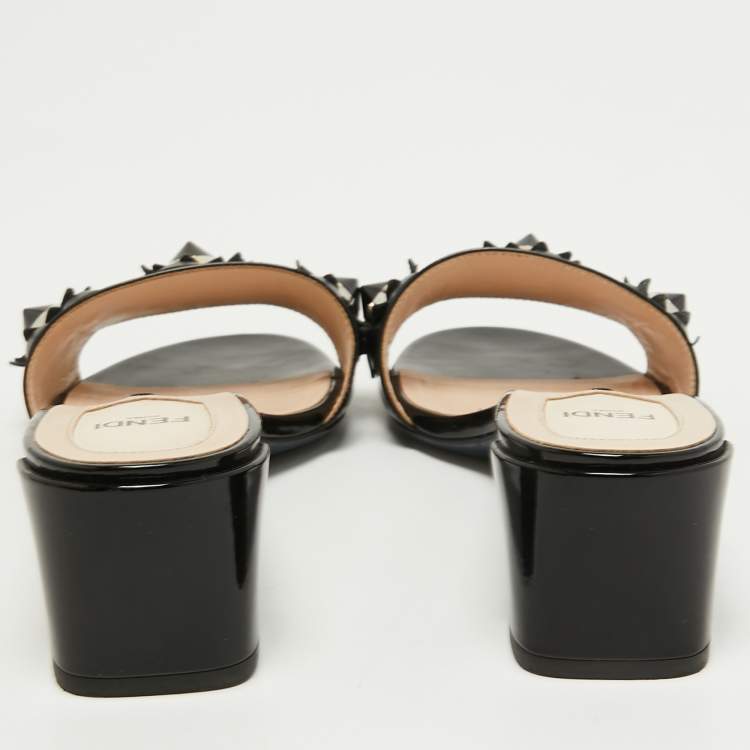 Pre Owned Fendi Black Patent Leather Studded Accents Slides Size 39