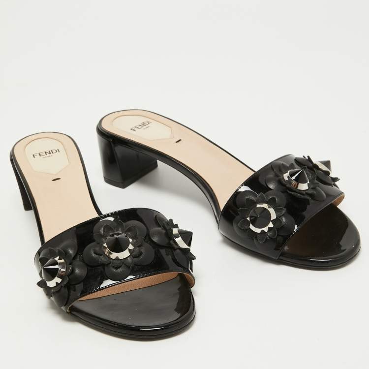 Pre Owned Fendi Black Patent Leather Studded Accents Slides Size 39