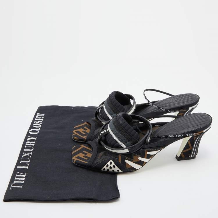 Pre Owned Fendi Black Neoprene And Mesh Freedom FF Patchwork Slingback Sandals Size 38