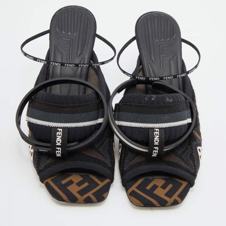 Pre Owned Fendi Black Neoprene And Mesh Freedom FF Patchwork Slingback Sandals Size 38