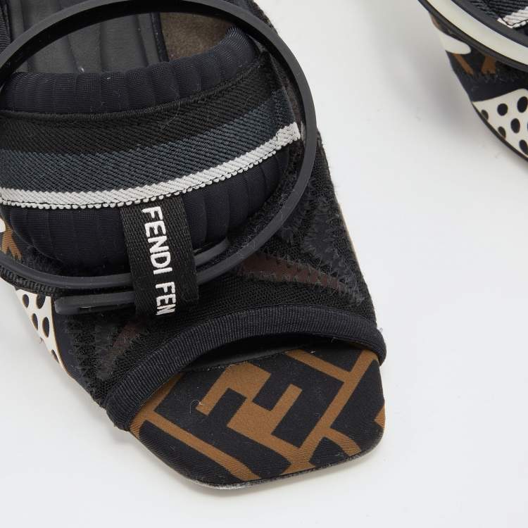 Pre Owned Fendi Black Neoprene And Mesh Freedom FF Patchwork Slingback Sandals Size 38