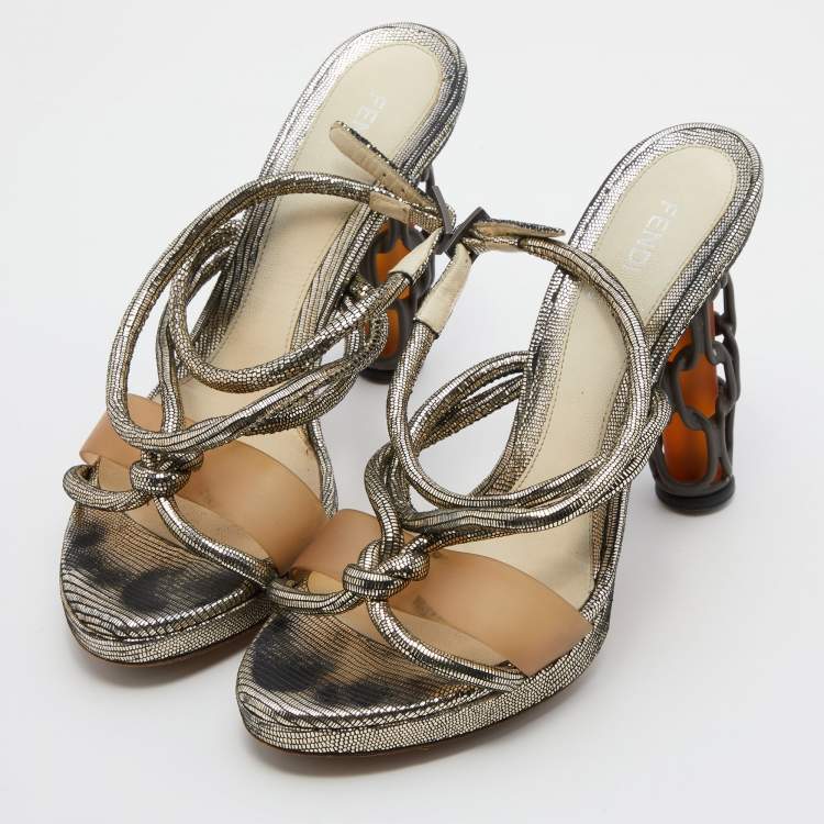 Pre Owned Fendi Metallic Grey Lizard Embossed Leather Chain Cage Heel Platform Sandals Size 40