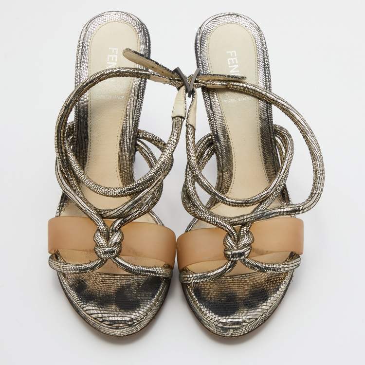 Pre Owned Fendi Metallic Grey Lizard Embossed Leather Chain Cage Heel Platform Sandals Size 40