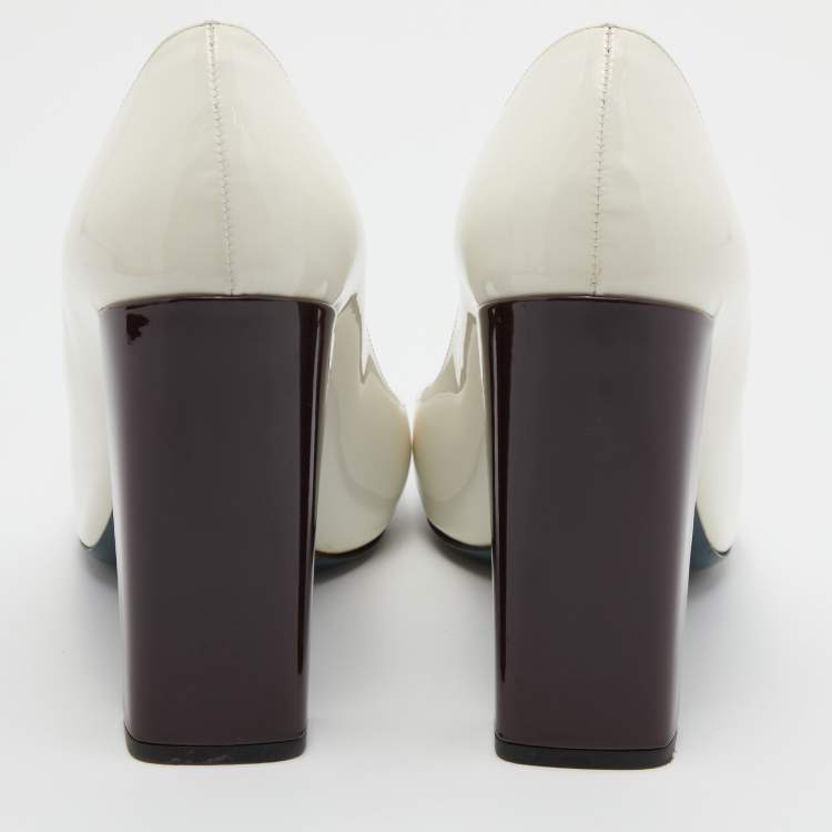Pre Owned Fendi White Patent Leather Round Toe Block Heel Pumps Size 40