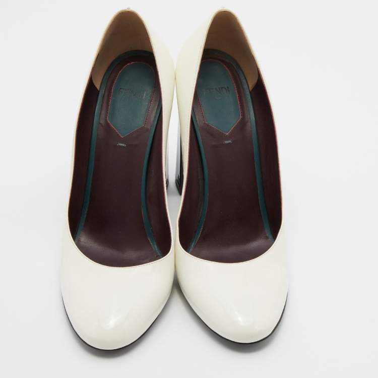 Pre Owned Fendi White Patent Leather Round Toe Block Heel Pumps Size 40
