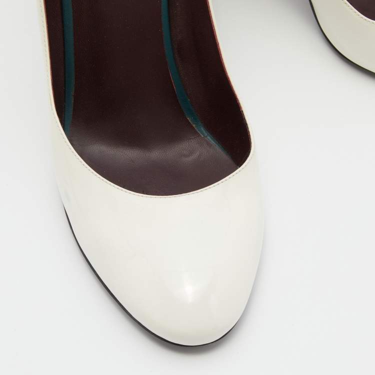 Pre Owned Fendi White Patent Leather Round Toe Block Heel Pumps Size 40