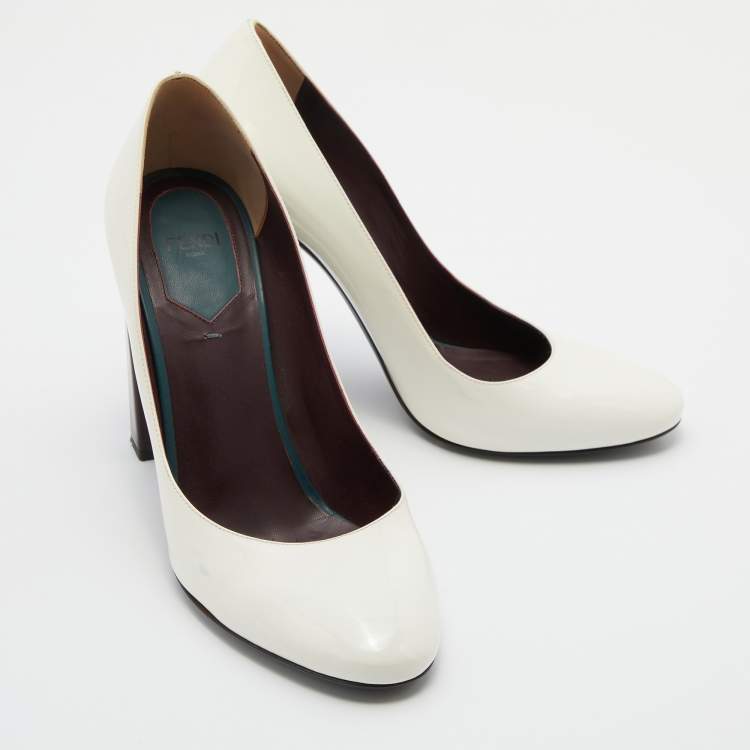 Pre Owned Fendi White Patent Leather Round Toe Block Heel Pumps Size 40