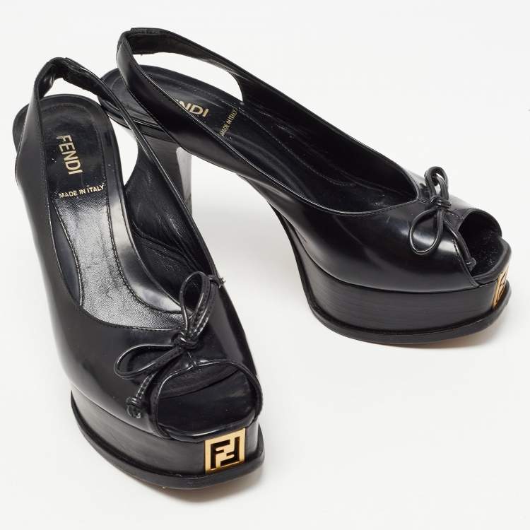 Pre Owned Fendi Black Patent Leather Fendista Platform Slingback Pumps Size 37