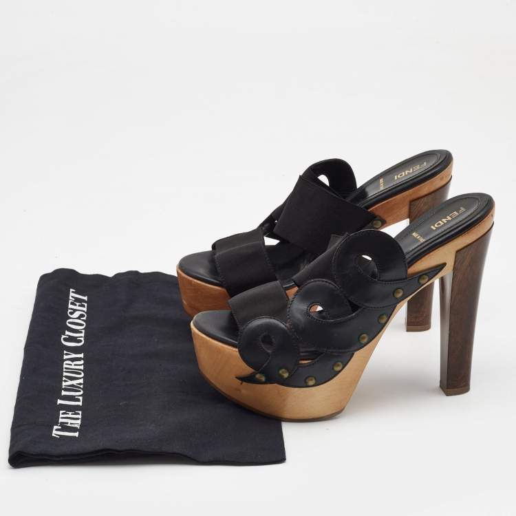 Pre Owned Fendi Black Leather and Elastic Wooden Platform Slide Sandals Size 38