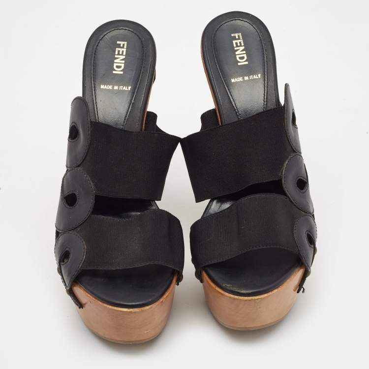 Pre Owned Fendi Black Leather and Elastic Wooden Platform Slide Sandals Size 38