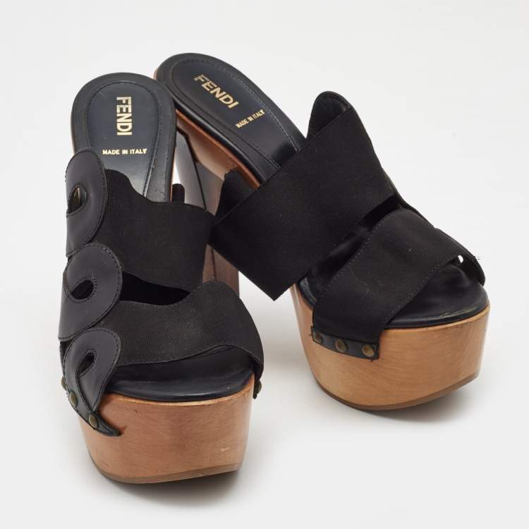 Pre Owned Fendi Black Leather and Elastic Wooden Platform Slide Sandals Size 38