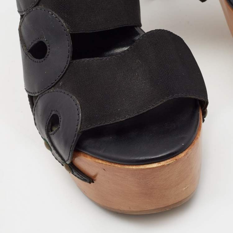 Pre Owned Fendi Black Leather and Elastic Wooden Platform Slide Sandals Size 38