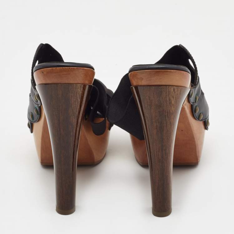 Pre Owned Fendi Black Leather and Elastic Wooden Platform Slide Sandals Size 38