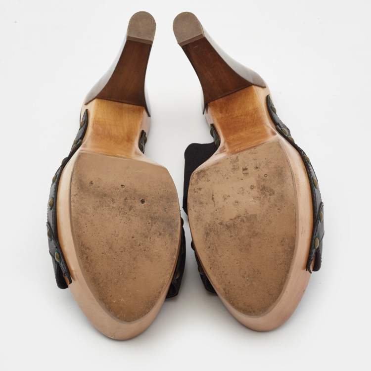 Pre Owned Fendi Black Leather and Elastic Wooden Platform Slide Sandals Size 38