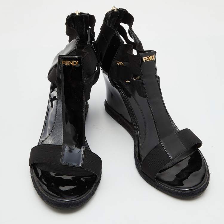 Pre Owned Fendi Black Patent Leather and Stretch Fabric Strappy Wedge Sandals Size 39