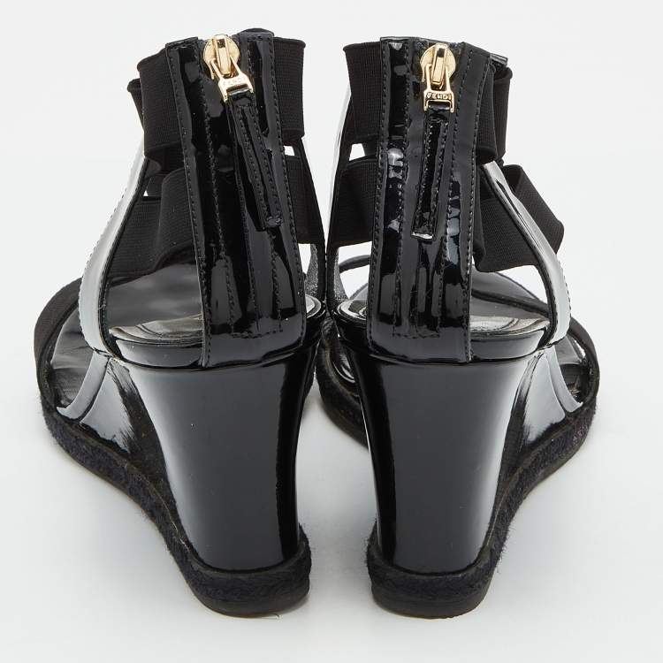 Pre Owned Fendi Black Patent Leather and Stretch Fabric Strappy Wedge Sandals Size 39