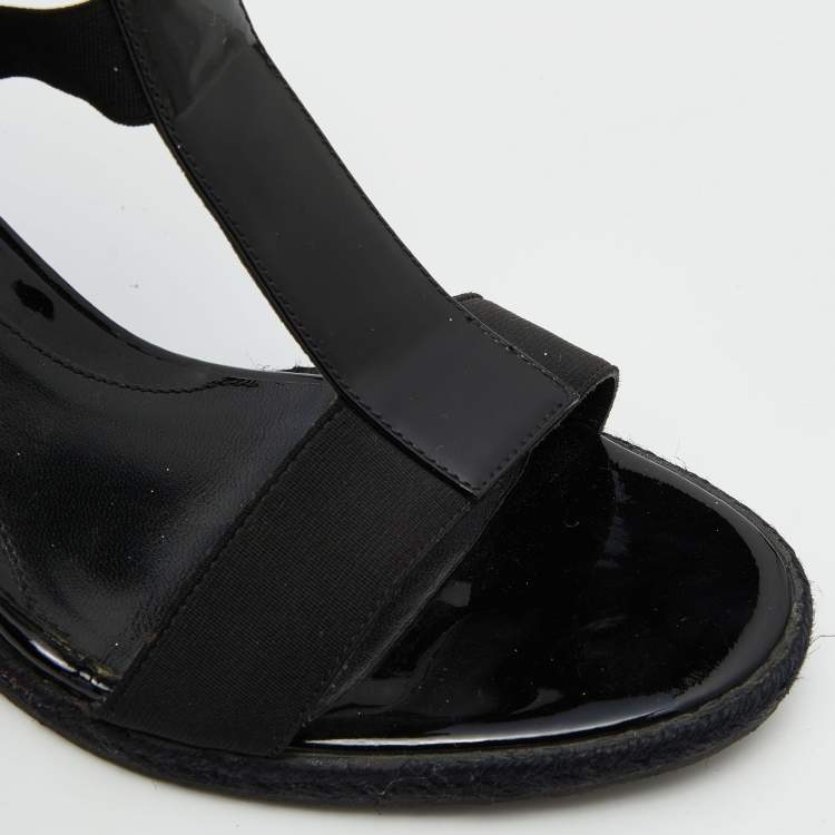 Pre Owned Fendi Black Patent Leather and Stretch Fabric Strappy Wedge Sandals Size 39