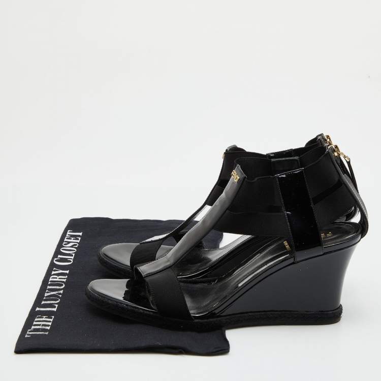 Pre Owned Fendi Black Patent Leather and Stretch Fabric Strappy Wedge Sandals Size 39