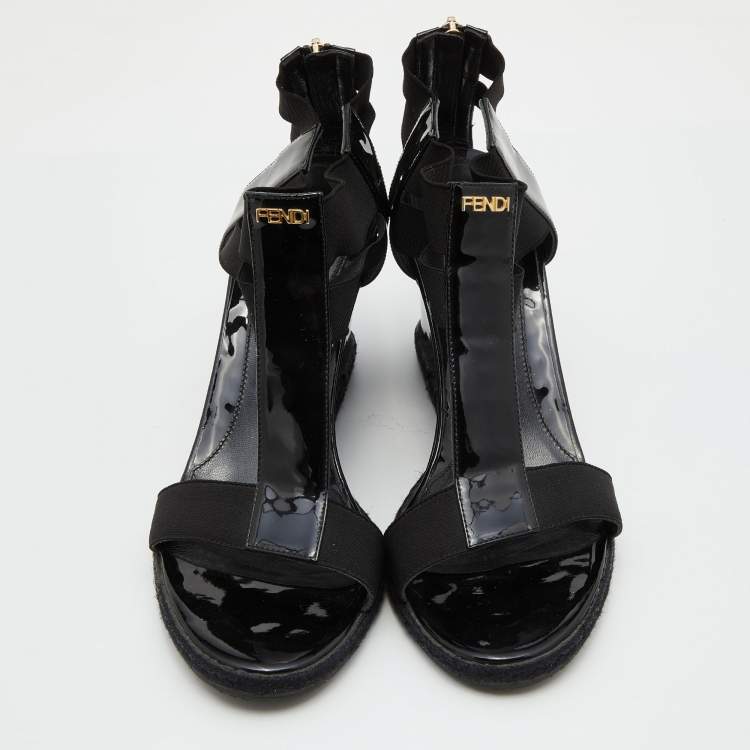 Pre Owned Fendi Black Patent Leather and Stretch Fabric Strappy Wedge Sandals Size 39