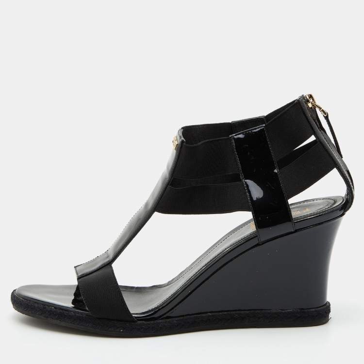 Pre Owned Fendi Black Patent Leather and Stretch Fabric Strappy Wedge Sandals Size 39
