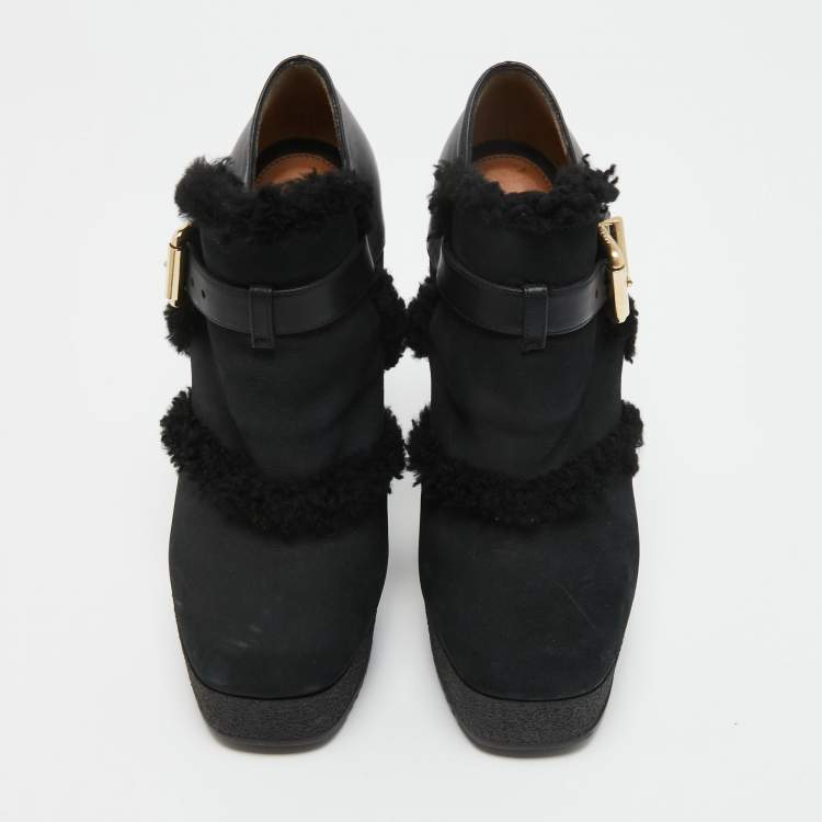 Pre Owned Fendi Black Nubuck and Leather Platform Booties Size 38 