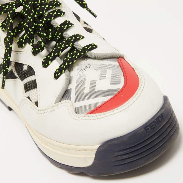 Pre Owned Fendi Grey/Black Leather and FF Fabric T-Rex Sneakers Size 38