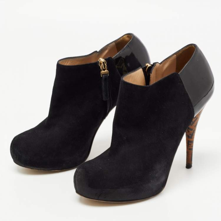 Pre Owned Fendi Black Suede and Patent Leather Ankle Booties Size 38.5