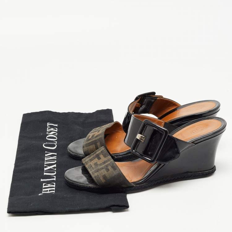 Pre Owned Fendi Black/Brown Patent Leather and Zucca Canvas Demi Wedge Sandals Size 39.5