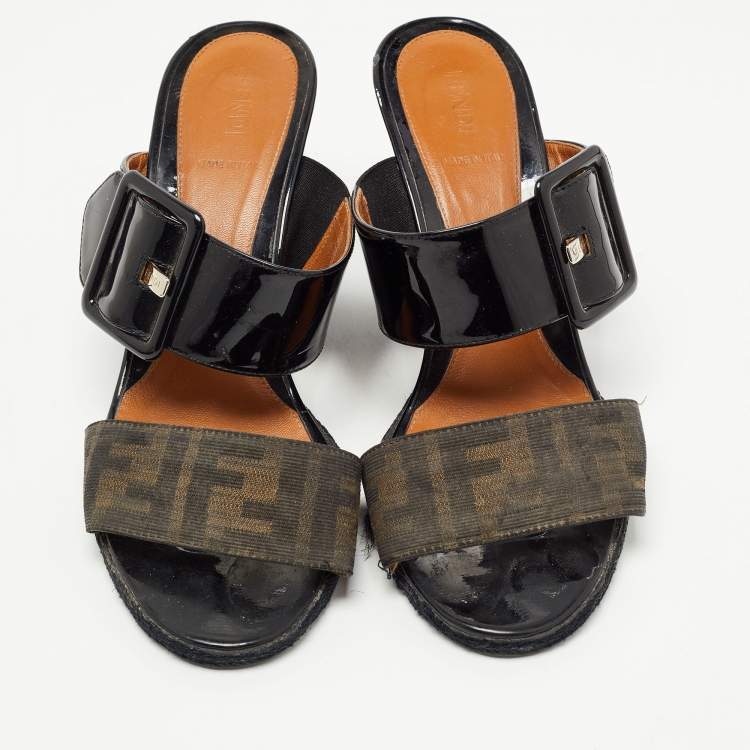 Pre Owned Fendi Black/Brown Patent Leather and Zucca Canvas Demi Wedge Sandals Size 39.5
