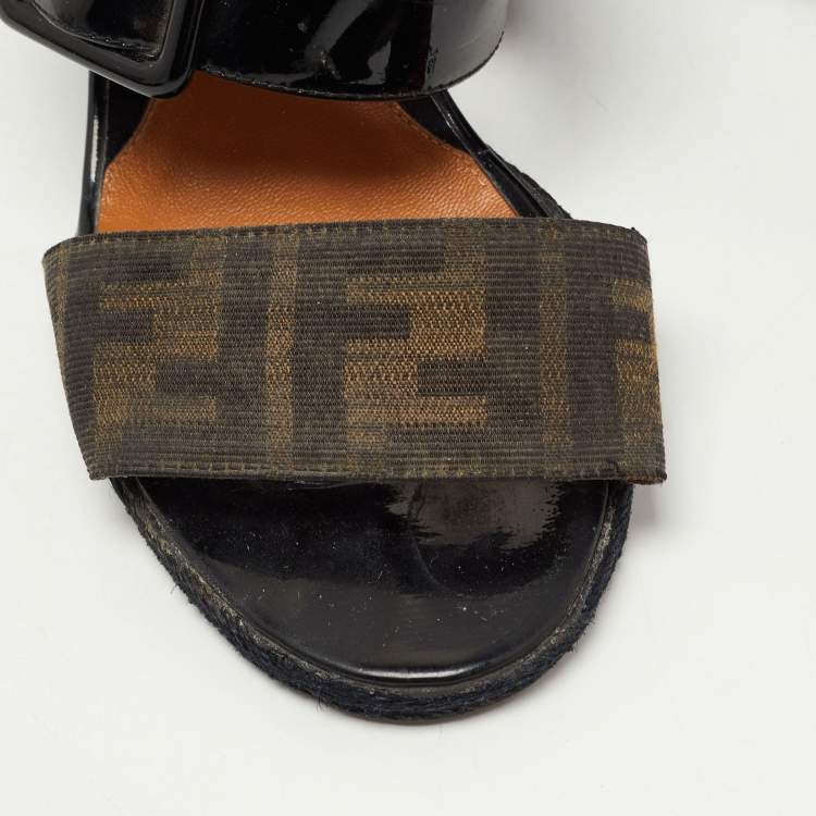 Pre Owned Fendi Black/Brown Patent Leather and Zucca Canvas Demi Wedge Sandals Size 39.5