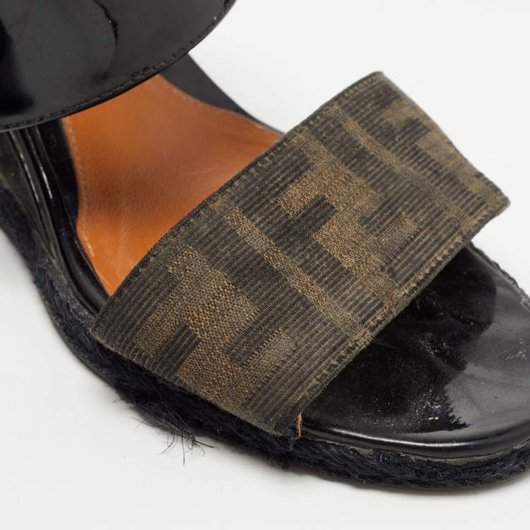 Pre Owned Fendi Black/Brown Patent Leather and Zucca Canvas Demi Wedge Sandals Size 39.5